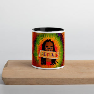 a coffee cup sitting on top of a wooden shelf 