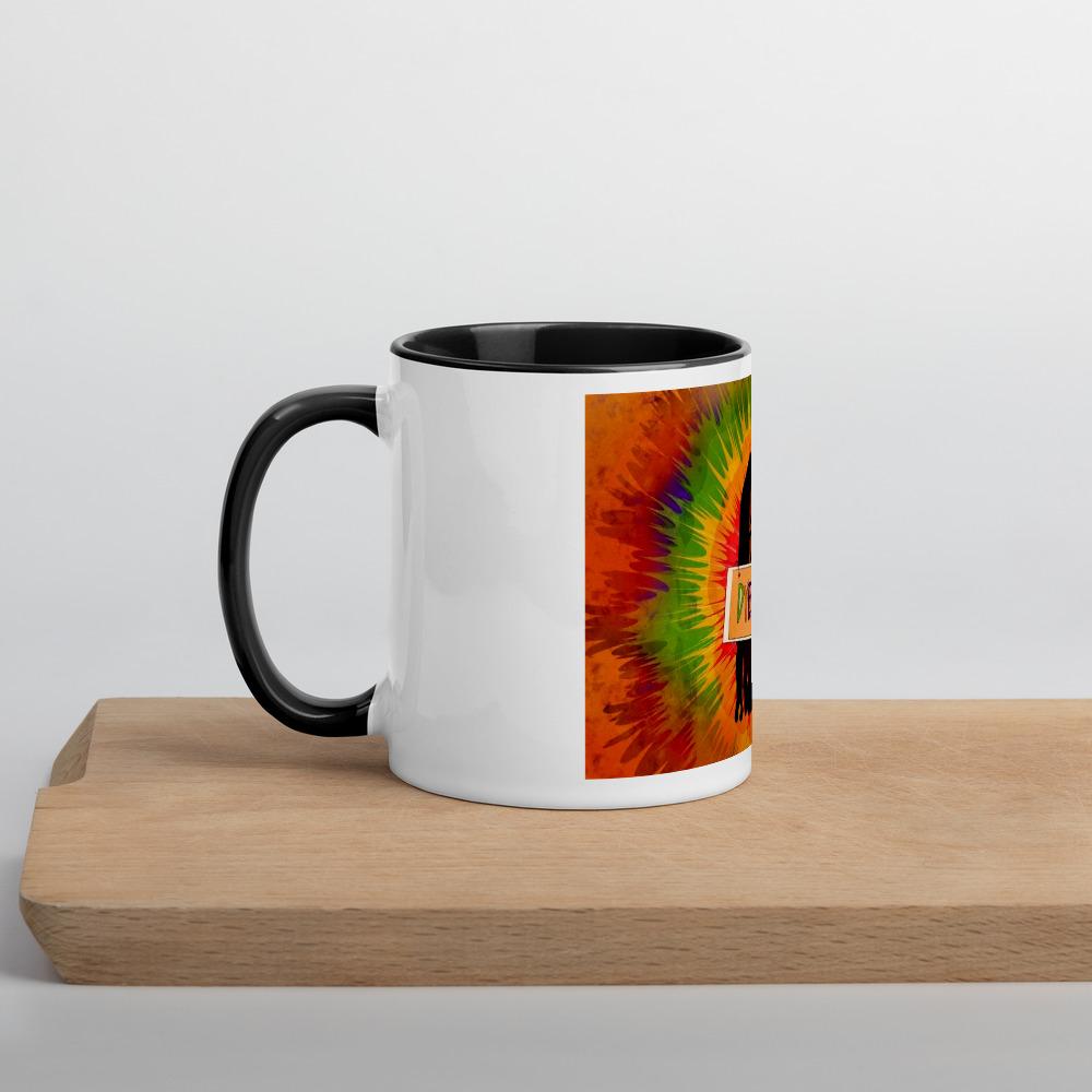 a coffee mug sitting on a wooden table 